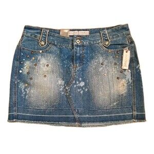 NEW Vtg Y2k Ecko Red Denim Jean Low Rise Mini Skirt Rivet Distress Frayed Hem 11